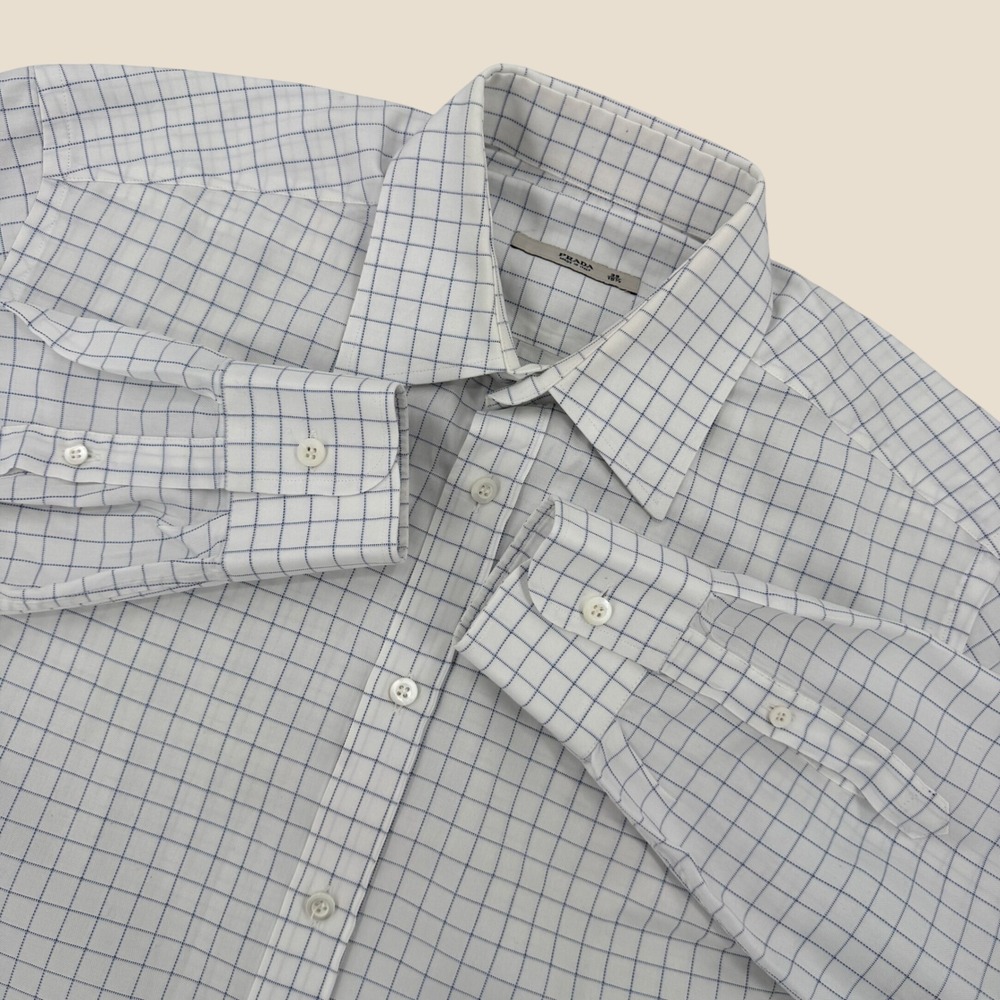 Prada Check Button Down Shirt Mens Medium 39 15.5 White Blue Windowpane